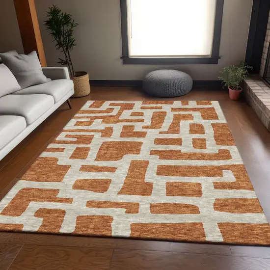 Terra Cotta And Beige Abstract Geometric Washable Area Rug With UV Protection Photo 6