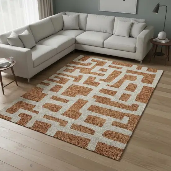 Terra Cotta And Beige Abstract Geometric Washable Area Rug With UV Protection Photo 2