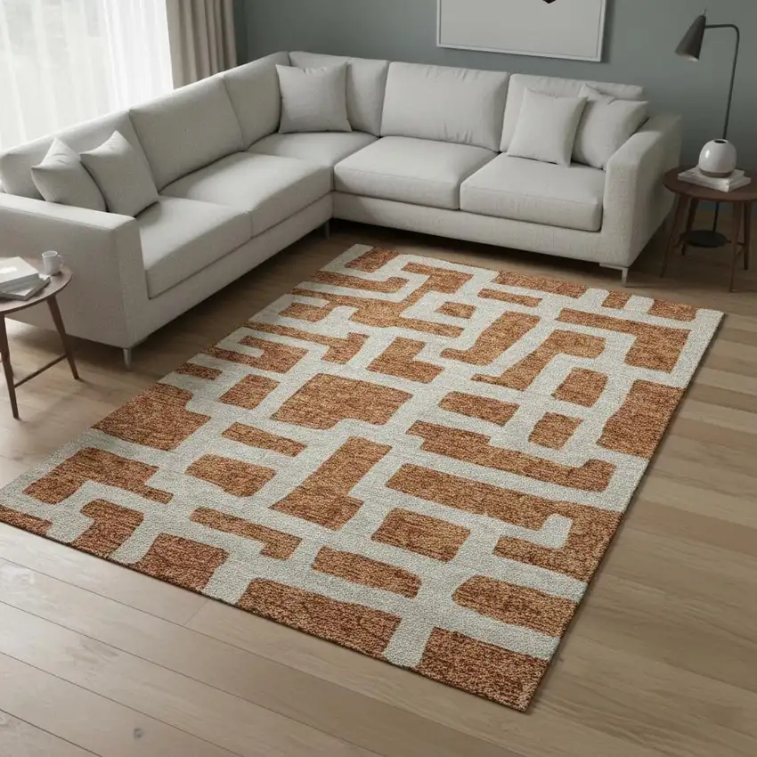 Terra Cotta And Beige Abstract Geometric Washable Area Rug With UV Protection Photo 2