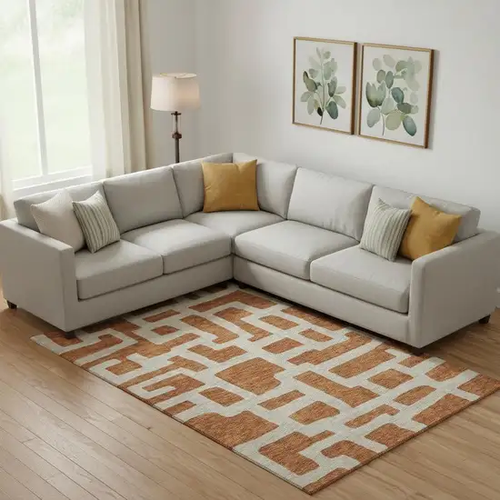 Terra Cotta And Beige Abstract Geometric Washable Area Rug With UV Protection Photo 1