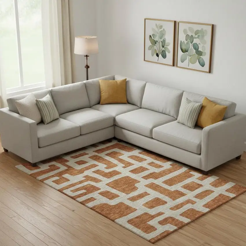 Terra Cotta And Beige Abstract Geometric Washable Area Rug With UV Protection Photo 1