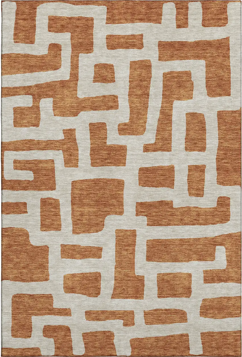 Terra Cotta And Beige Abstract Geometric Washable Area Rug With UV Protection Photo 1