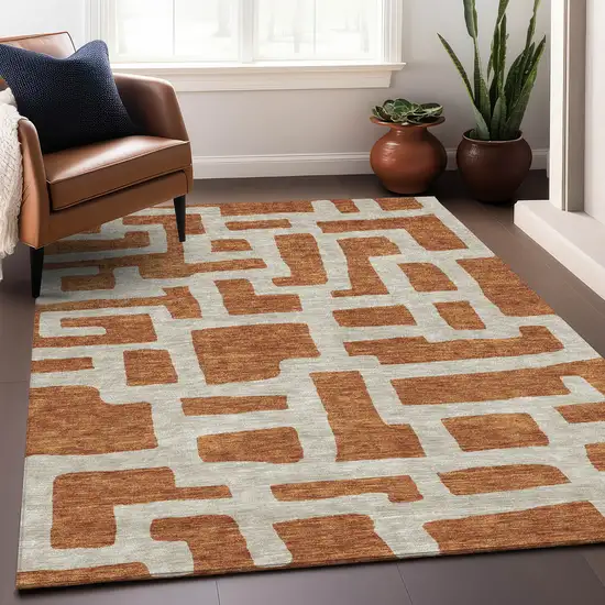 Terra Cotta And Beige Abstract Geometric Washable Area Rug With UV Protection Photo 5