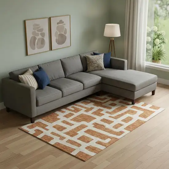 Terra Cotta And Beige Abstract Geometric Washable Area Rug With UV Protection Photo 1