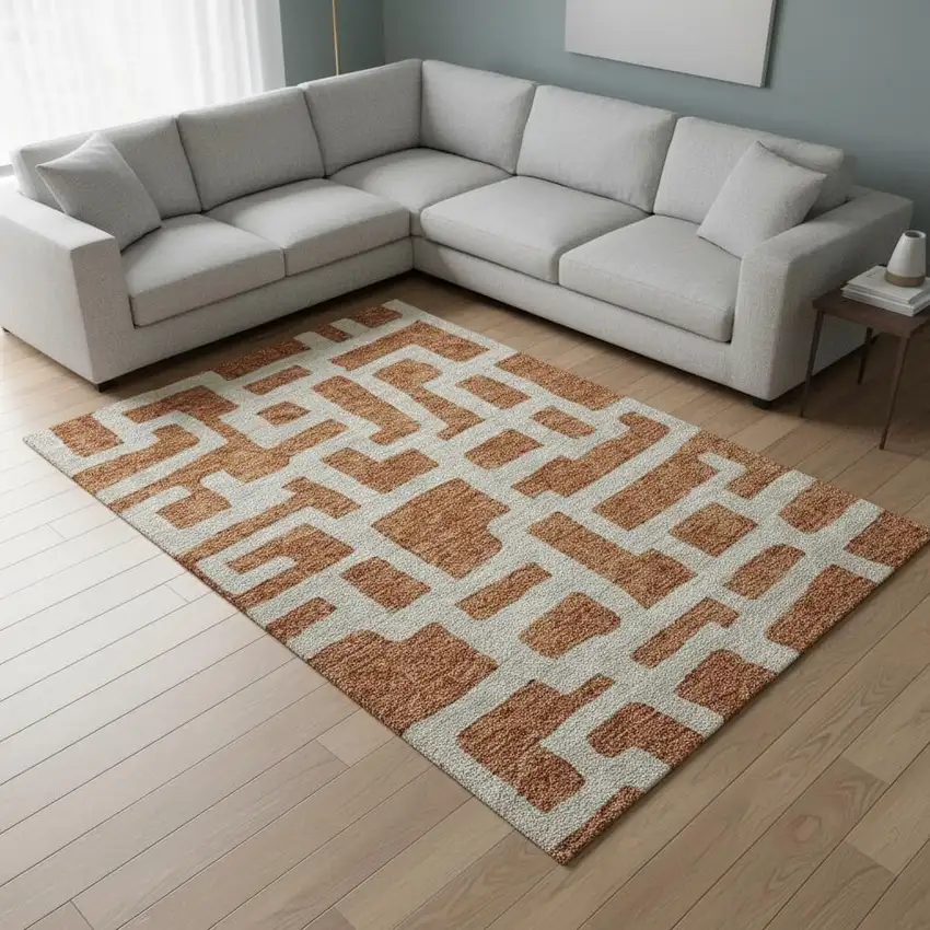 Terra Cotta And Beige Abstract Geometric Washable Area Rug With UV Protection Photo 2