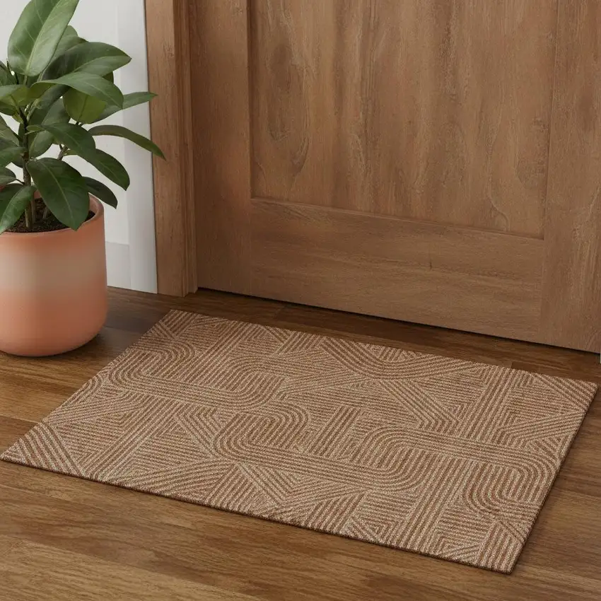 Terra Cotta And Beige Abstract Geometric Washable Area Rug With UV Protection Photo 1