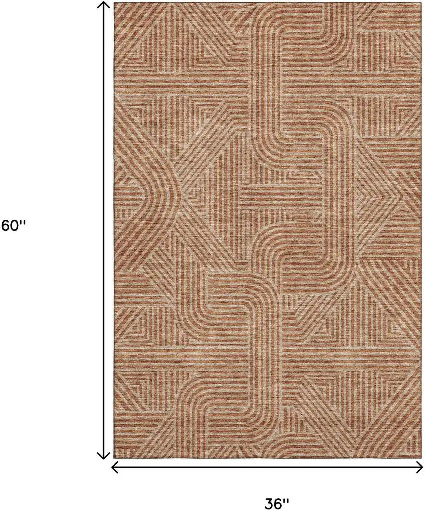 Terra Cotta And Beige Abstract Geometric Washable Area Rug With UV Protection Photo 3