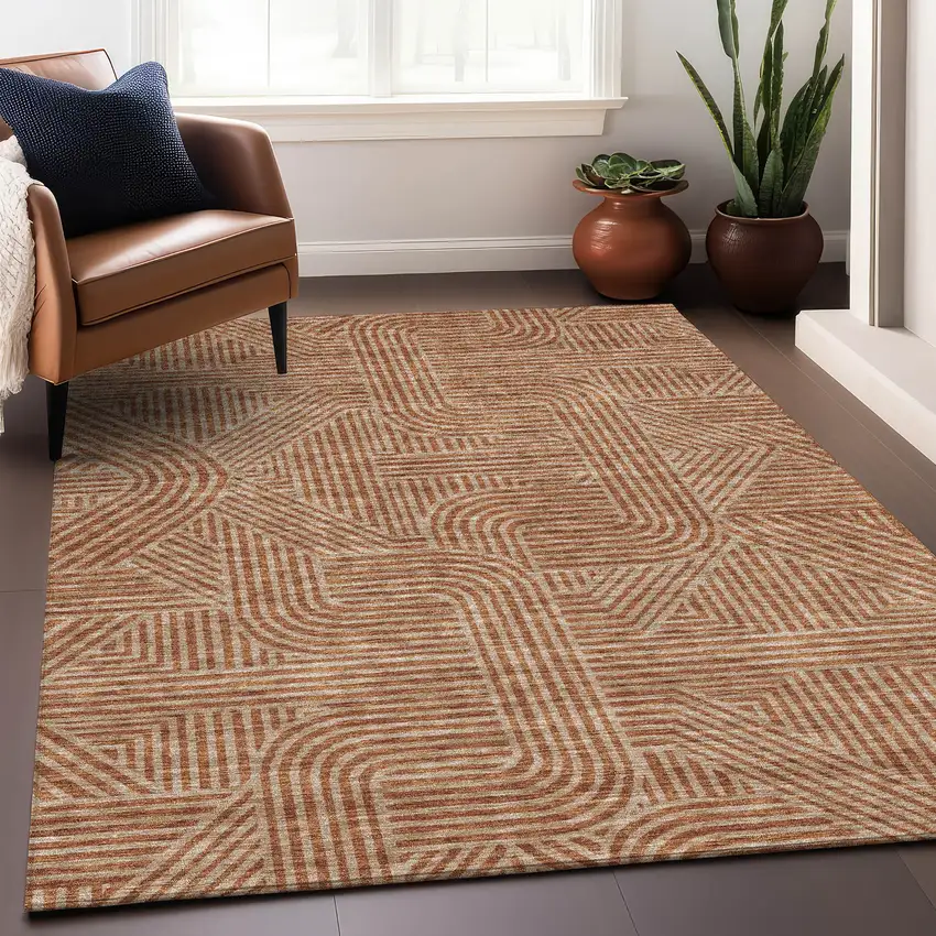 Terra Cotta And Beige Abstract Geometric Washable Area Rug With UV Protection Photo 4