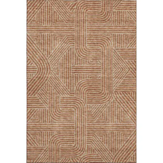 Terra Cotta And Beige Abstract Geometric Washable Area Rug With UV Protection Photo 1