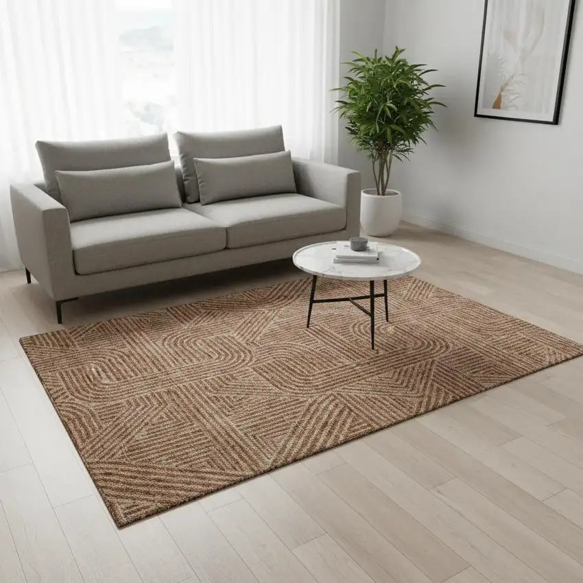 Terra Cotta And Beige Abstract Geometric Washable Area Rug With UV Protection Photo 2