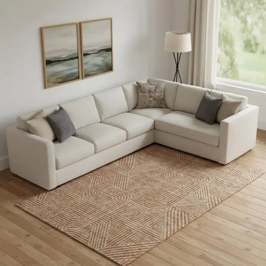 Terra Cotta And Beige Abstract Geometric Washable Area Rug With UV Protection Photo 1