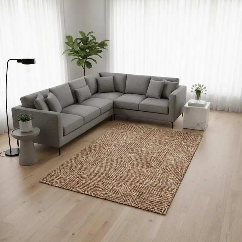 Terra Cotta And Beige Abstract Geometric Washable Area Rug With UV Protection Photo 2