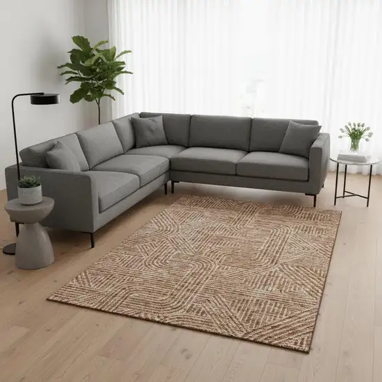 Terra Cotta And Beige Abstract Geometric Washable Area Rug With UV Protection Photo 2