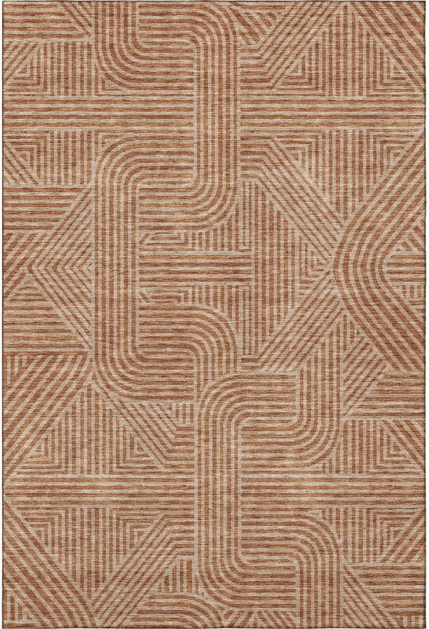 Terra Cotta And Beige Abstract Geometric Washable Area Rug With UV Protection Photo 3