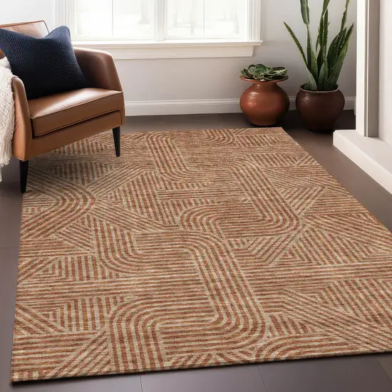 Terra Cotta And Beige Abstract Geometric Washable Area Rug With UV Protection Photo 4