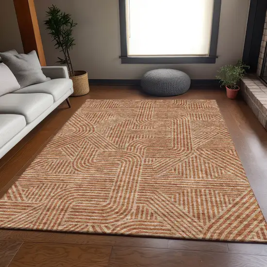 Terra Cotta And Beige Abstract Geometric Washable Area Rug With UV Protection Photo 5