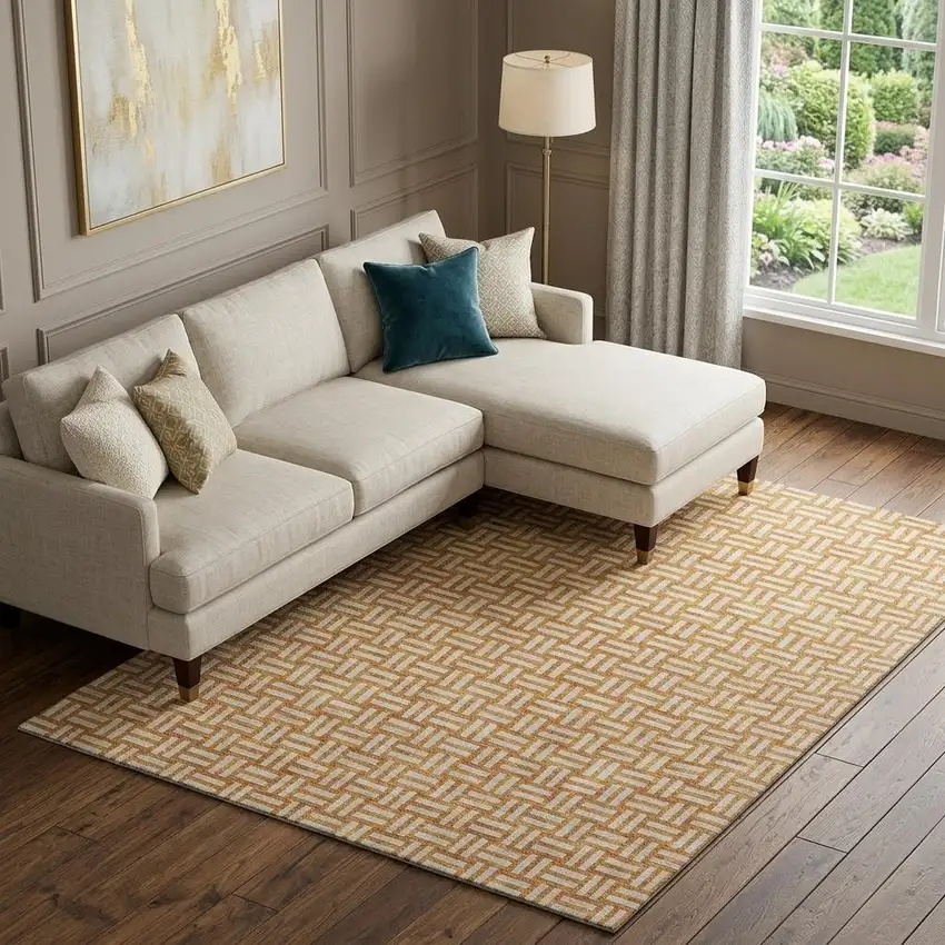 Terra Cotta And Beige Abstract Geometric Washable Area Rug With UV Protection Photo 1