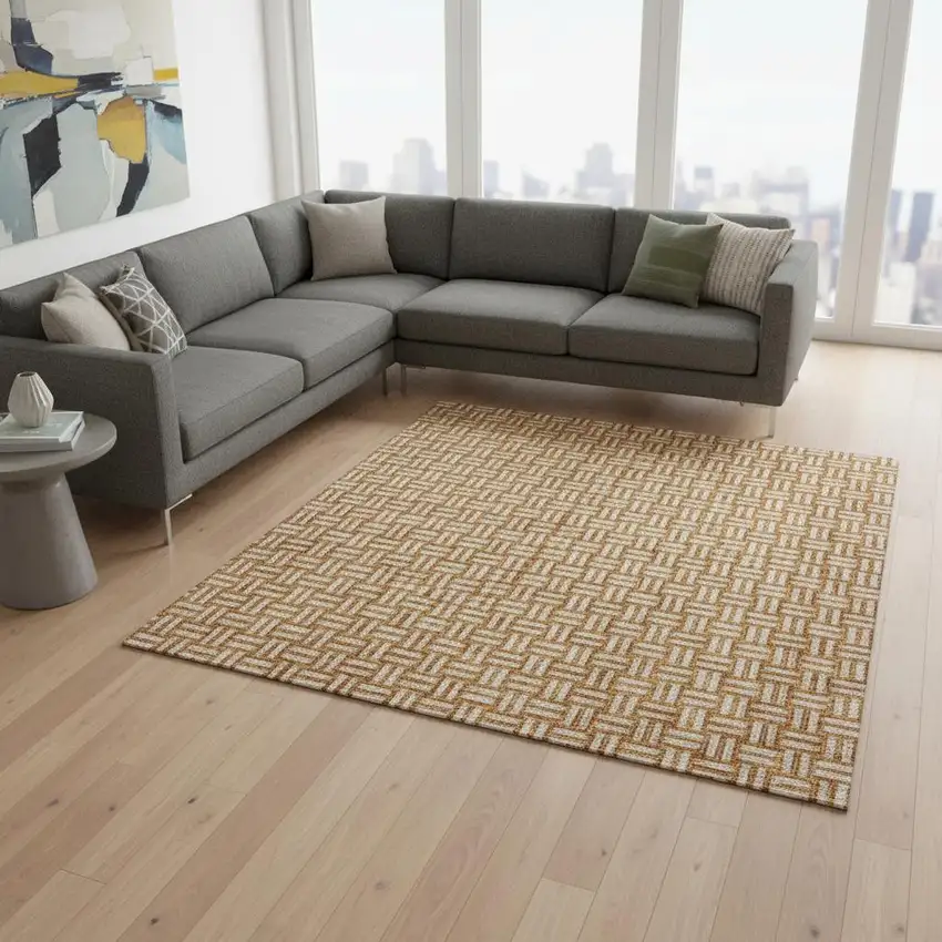 Terra Cotta And Beige Abstract Geometric Washable Area Rug With UV Protection Photo 2