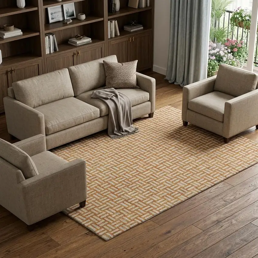 Terra Cotta And Beige Abstract Geometric Washable Area Rug With UV Protection Photo 1