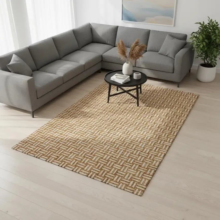 Terra Cotta And Beige Abstract Geometric Washable Area Rug With UV Protection Photo 2