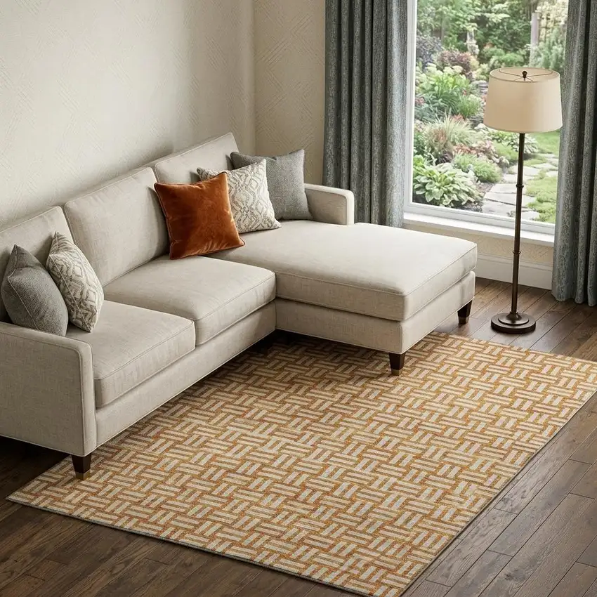 Terra Cotta And Beige Abstract Geometric Washable Area Rug With UV Protection Photo 1