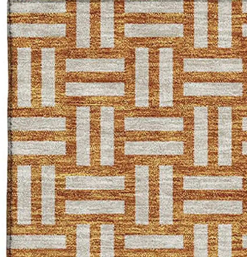 Terra Cotta And Beige Abstract Geometric Washable Area Rug With UV Protection Photo 3