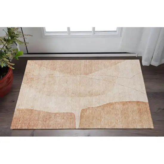 Terra Cotta And Beige Abstract Washable Area Rug With UV Protection Photo 2
