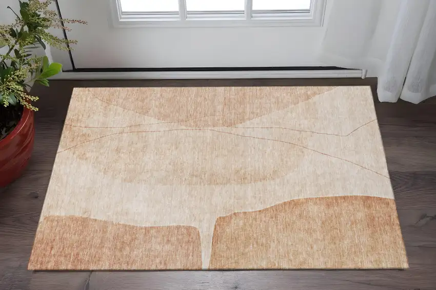 Terra Cotta And Beige Abstract Washable Area Rug With UV Protection Photo 2