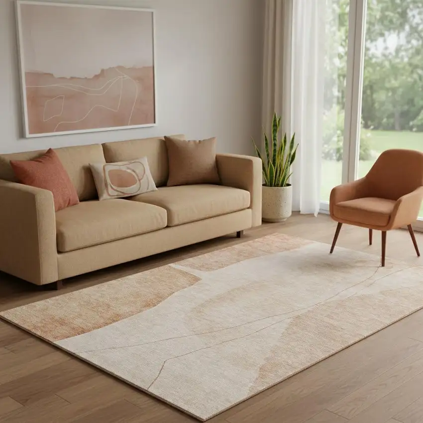 Terra Cotta And Beige Abstract Washable Area Rug With UV Protection Photo 1