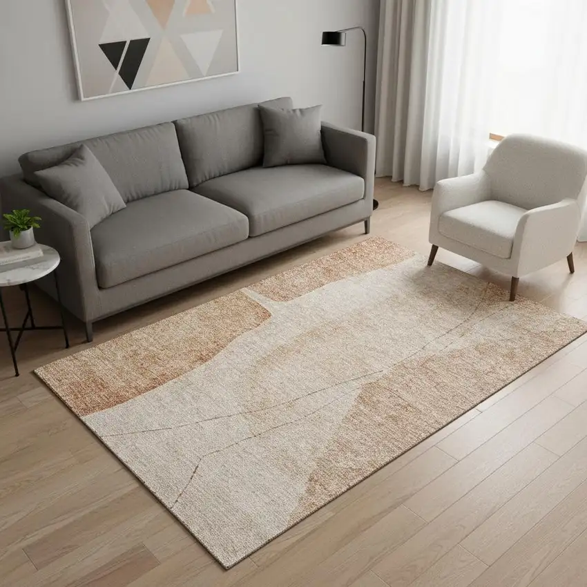 Terra Cotta And Beige Abstract Washable Area Rug With UV Protection Photo 1