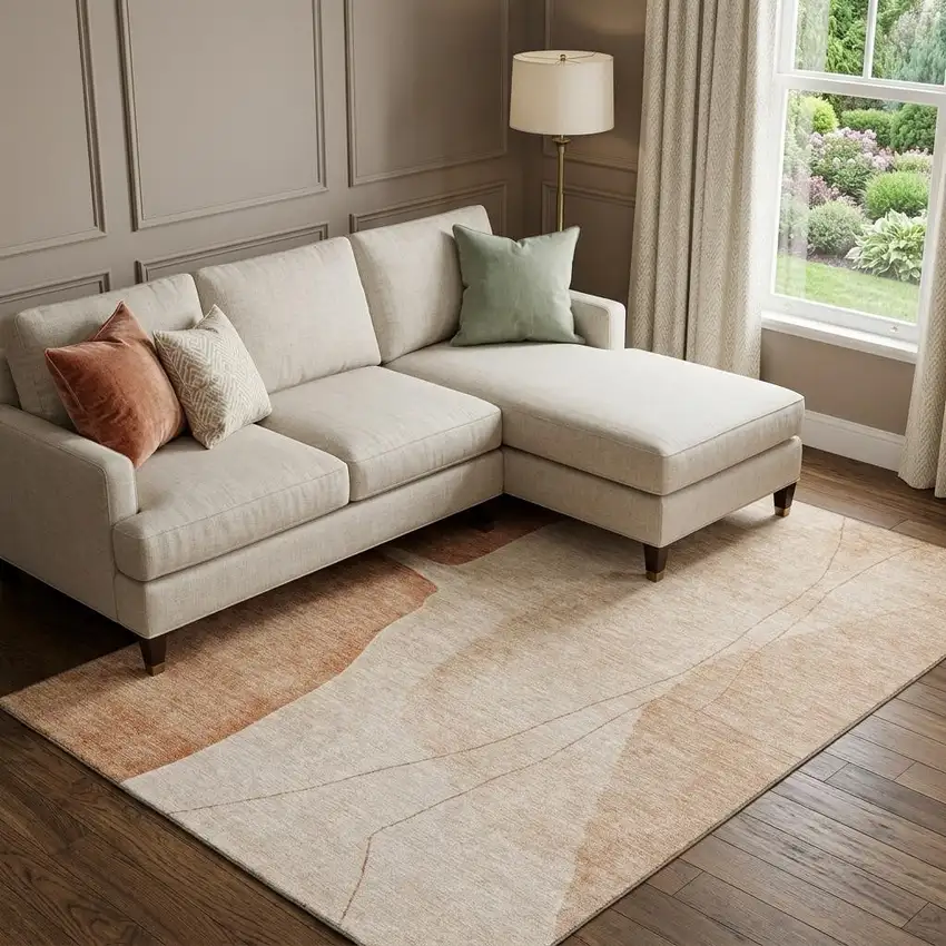 Terra Cotta And Beige Abstract Washable Area Rug With UV Protection Photo 1