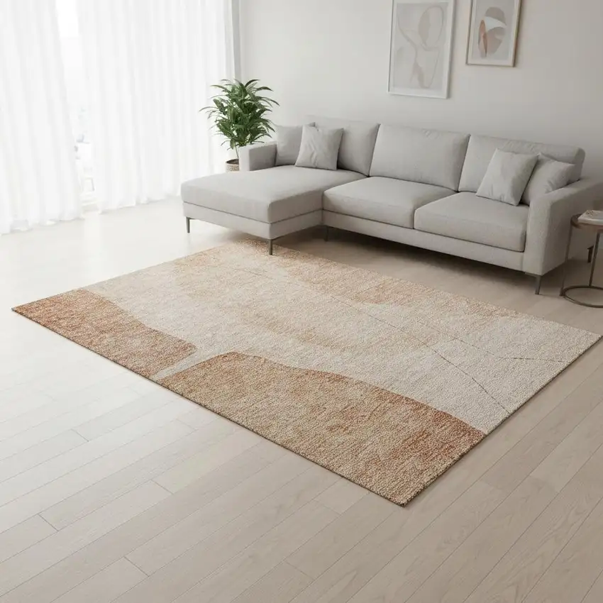 Terra Cotta And Beige Abstract Washable Area Rug With UV Protection Photo 1