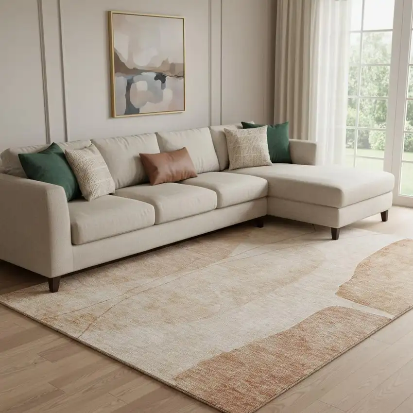 Terra Cotta And Beige Abstract Washable Area Rug With UV Protection Photo 1