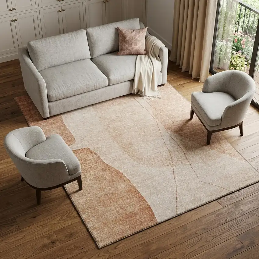 Terra Cotta And Beige Abstract Washable Area Rug With UV Protection Photo 1