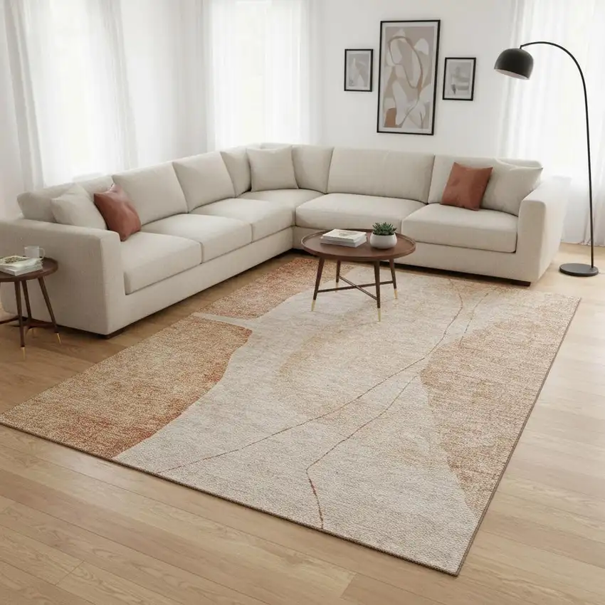 Terra Cotta And Beige Abstract Washable Area Rug With UV Protection Photo 1