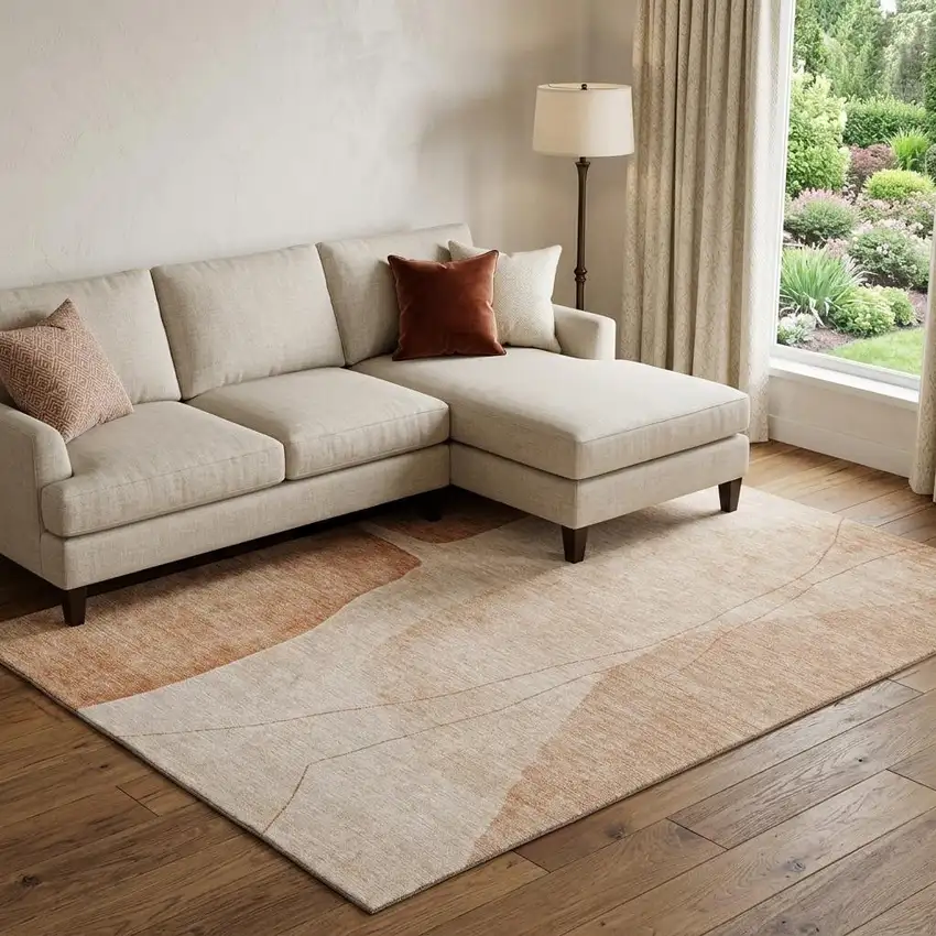 Terra Cotta And Beige Abstract Washable Area Rug With UV Protection Photo 1