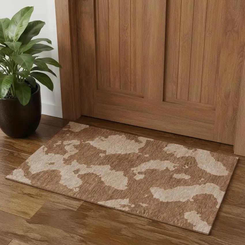 Terra Cotta And Beige Abstract Washable Area Rug With UV Protection Photo 1