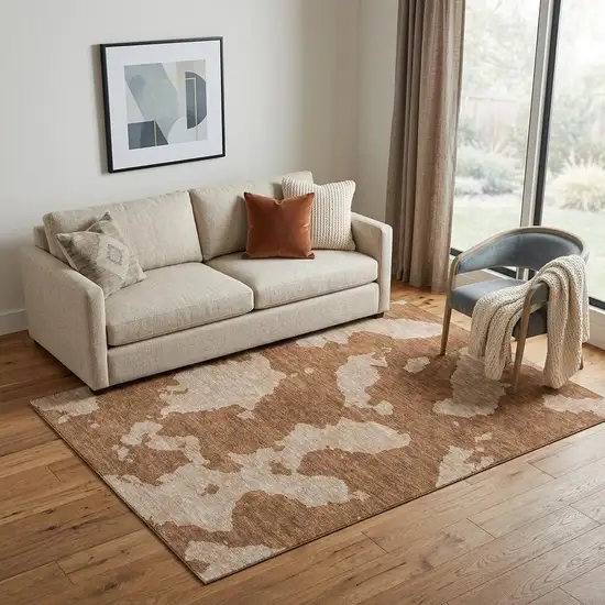 Terra Cotta And Beige Abstract Washable Area Rug With UV Protection Photo 1