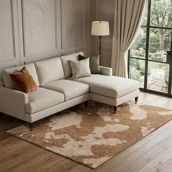 Terra Cotta And Beige Abstract Washable Area Rug With UV Protection Photo 1