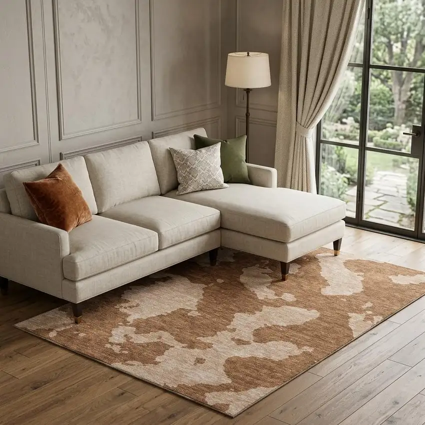 Terra Cotta And Beige Abstract Washable Area Rug With UV Protection Photo 1