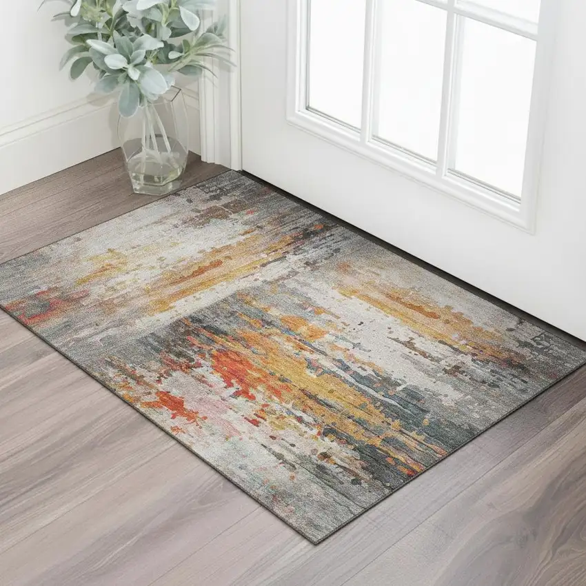 Terra Cotta And Beige Abstract Washable Area Rug With UV Protection Photo 2