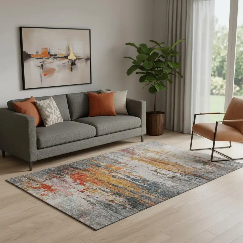 Terra Cotta And Beige Abstract Washable Area Rug With UV Protection Photo 2