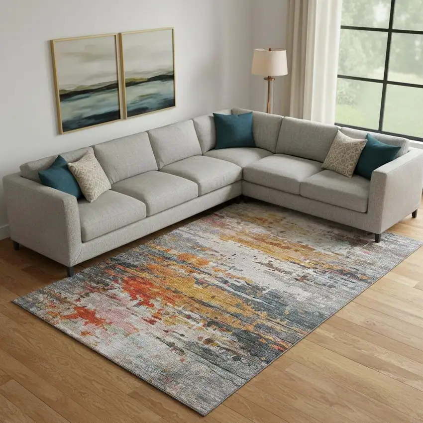 Terra Cotta And Beige Abstract Washable Area Rug With UV Protection Photo 2