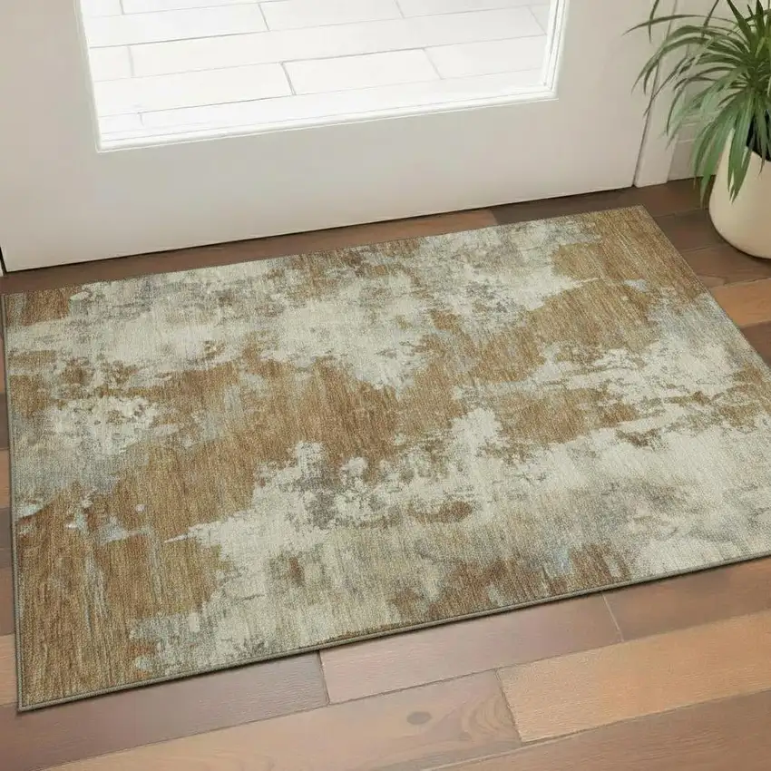 Terra Cotta And Beige Abstract Washable Area Rug With UV Protection Photo 1