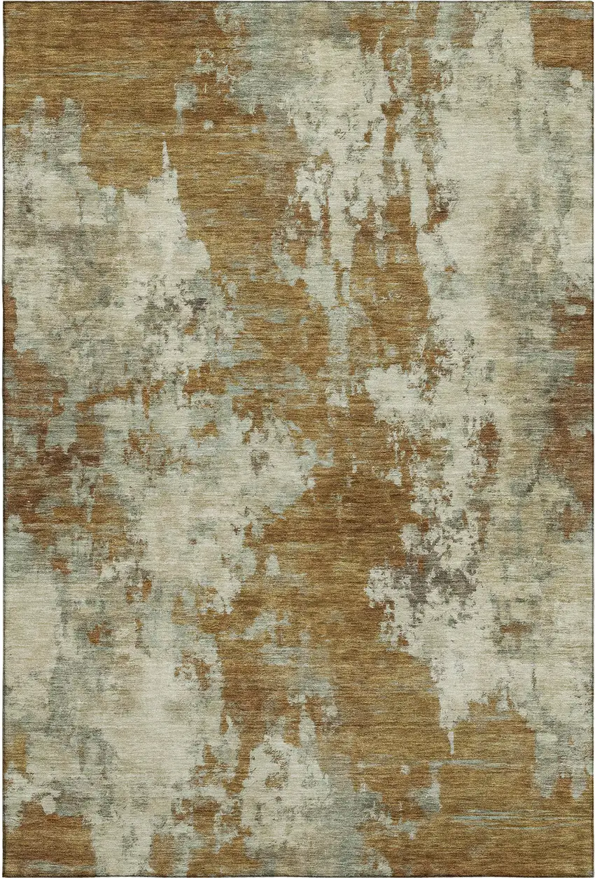 Terra Cotta And Beige Abstract Washable Area Rug With UV Protection Photo 1