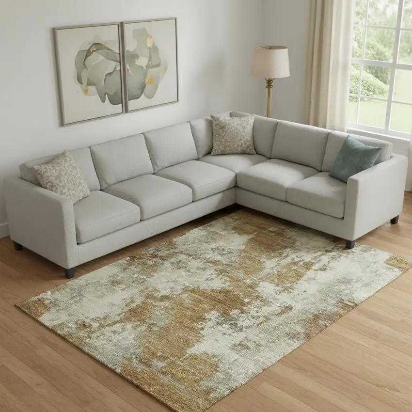 Terra Cotta And Beige Abstract Washable Area Rug With UV Protection Photo 2