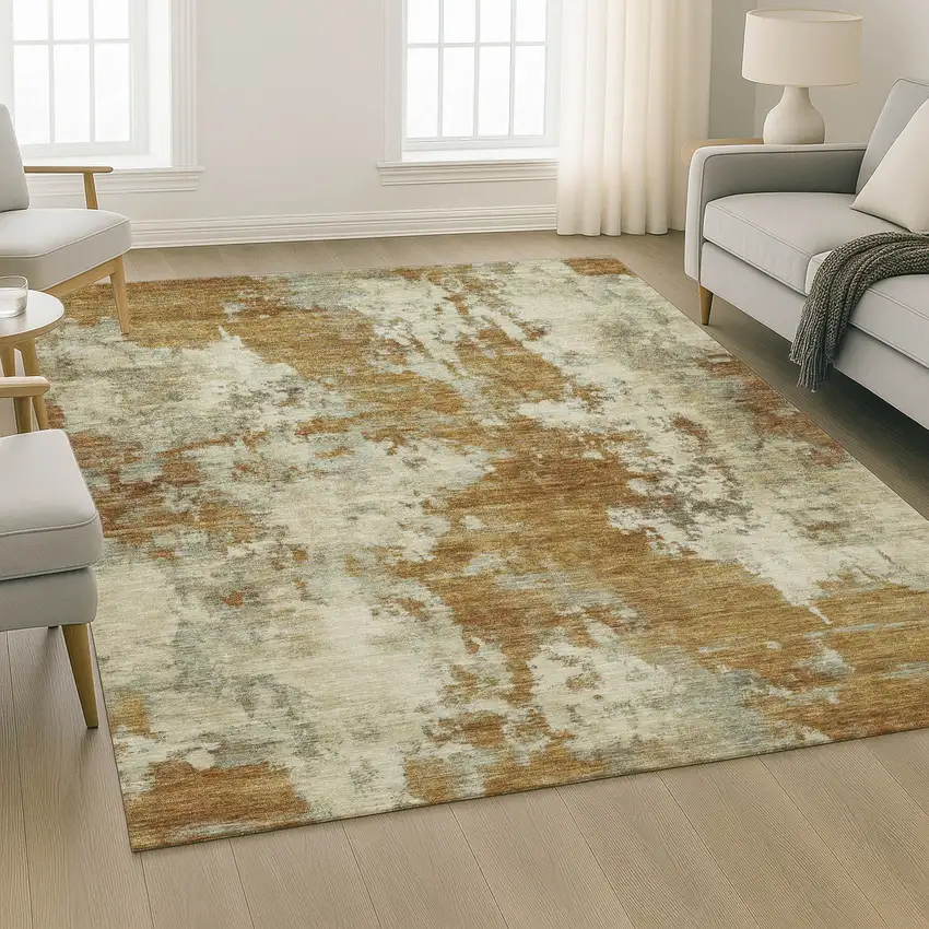 Terra Cotta And Beige Abstract Washable Area Rug With UV Protection Photo 6