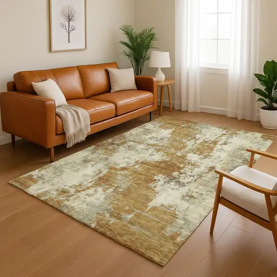 Terra Cotta And Beige Abstract Washable Area Rug With UV Protection Photo 4