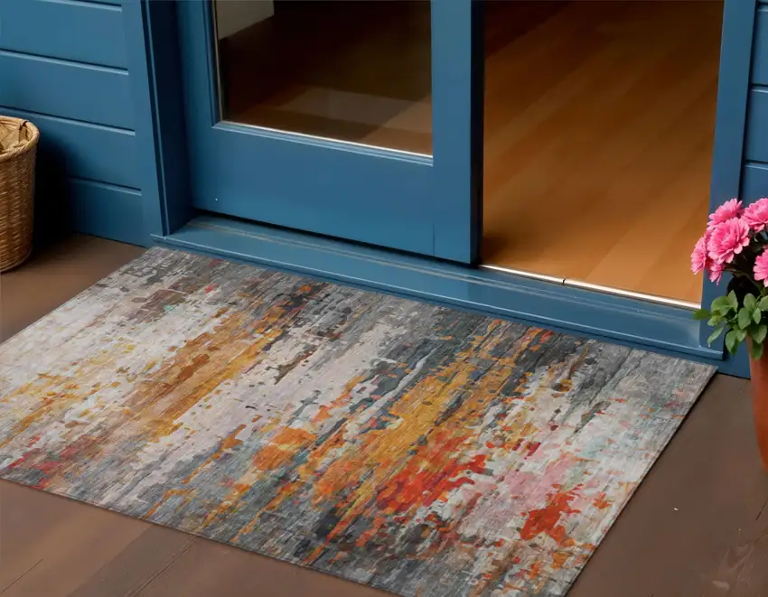 Terra Cotta And Beige Abstract Washable Indoor Outdoor Area Rug Photo 2