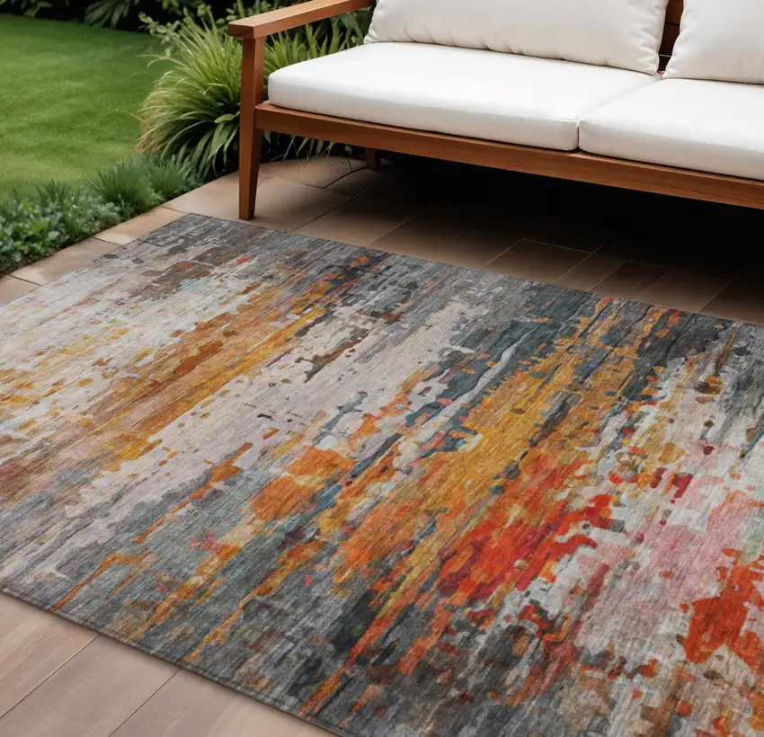 Terra Cotta And Beige Abstract Washable Indoor Outdoor Area Rug Photo 2